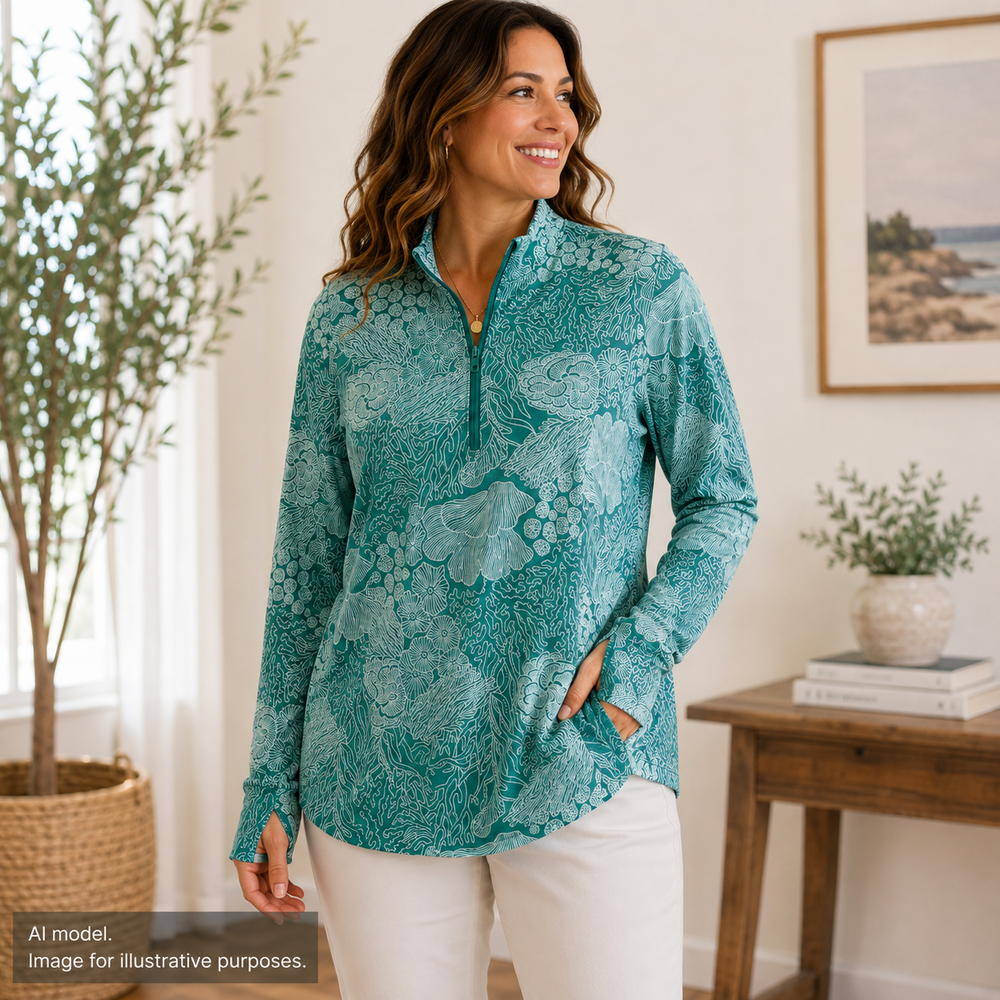 Tommy Bahama Pullover Top Women Large Green Coral Print Mock Neck Golf Thumbhole